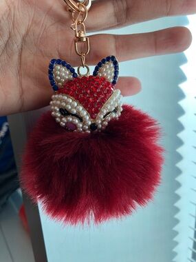 Maroon-Reddish Rhinestone Fox Fluffy Pom-Pom Keychain. H-6.4” W-3”. New.